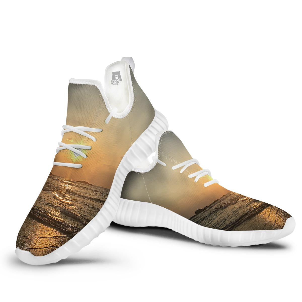 Beach Sunrise Print White Walking Shoes-grizzshop