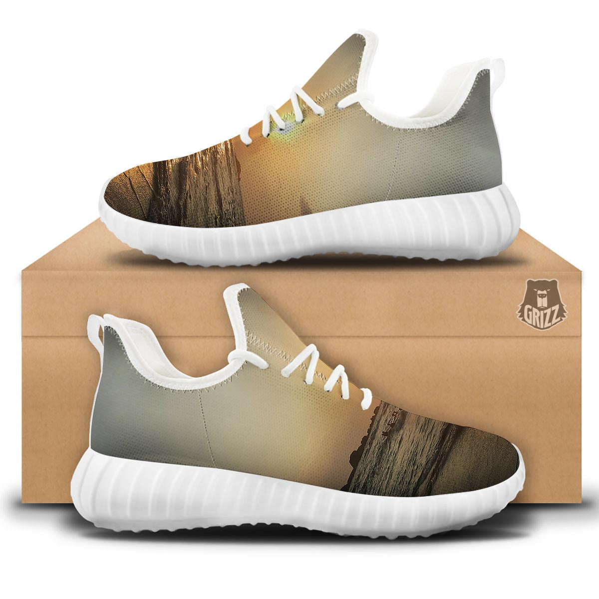 Beach Sunrise Print White Walking Shoes-grizzshop