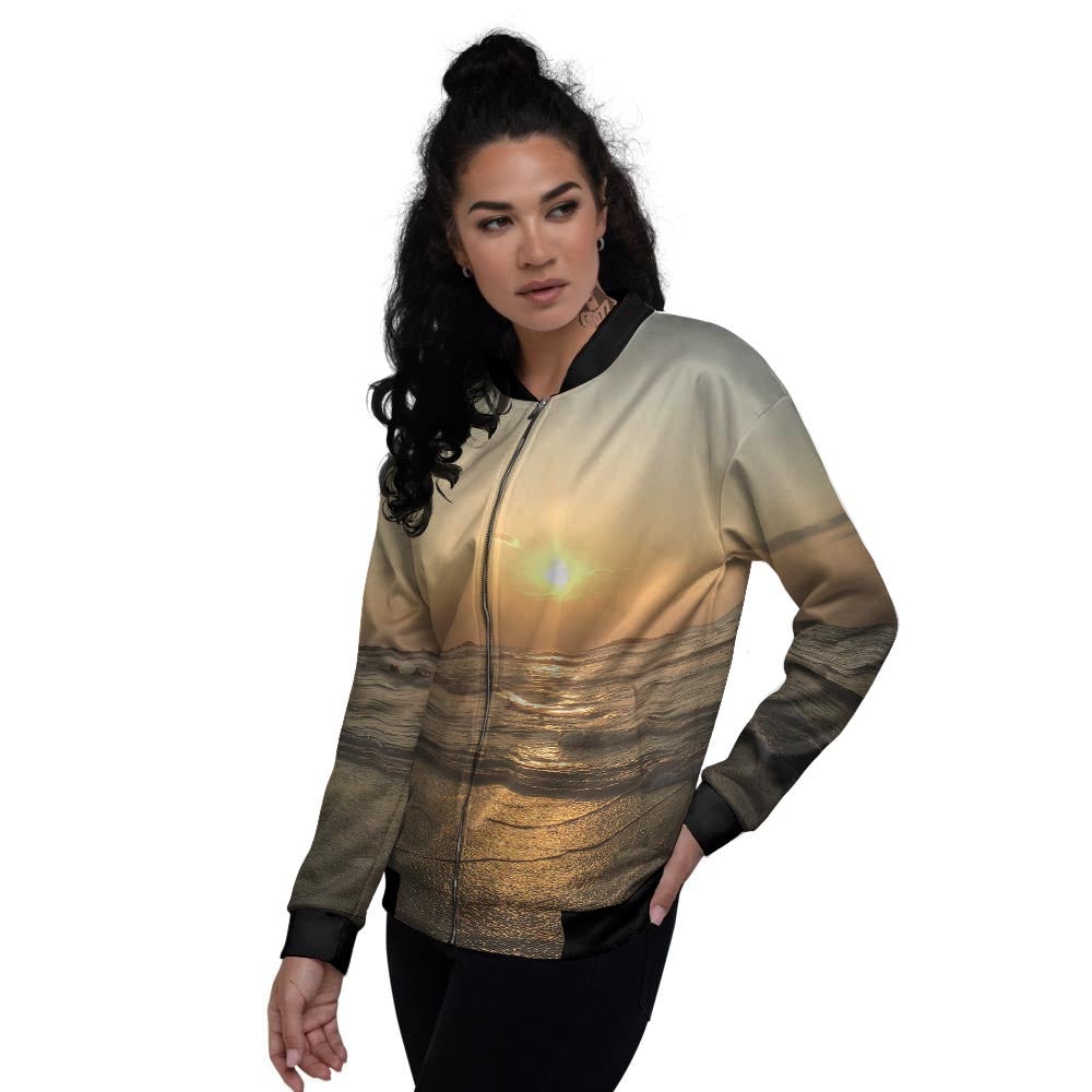 Beach Sunrise Print Women's Bomber Jacket-grizzshop