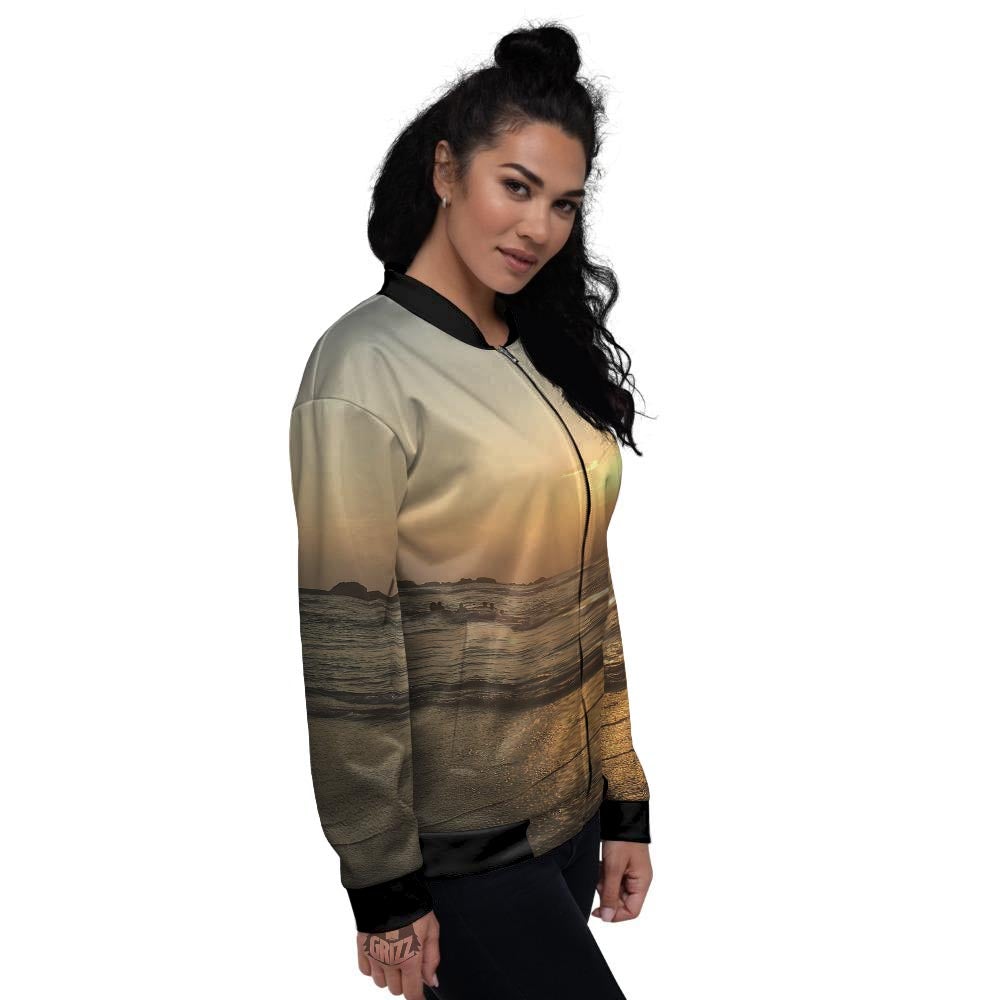 Beach Sunrise Print Women's Bomber Jacket-grizzshop