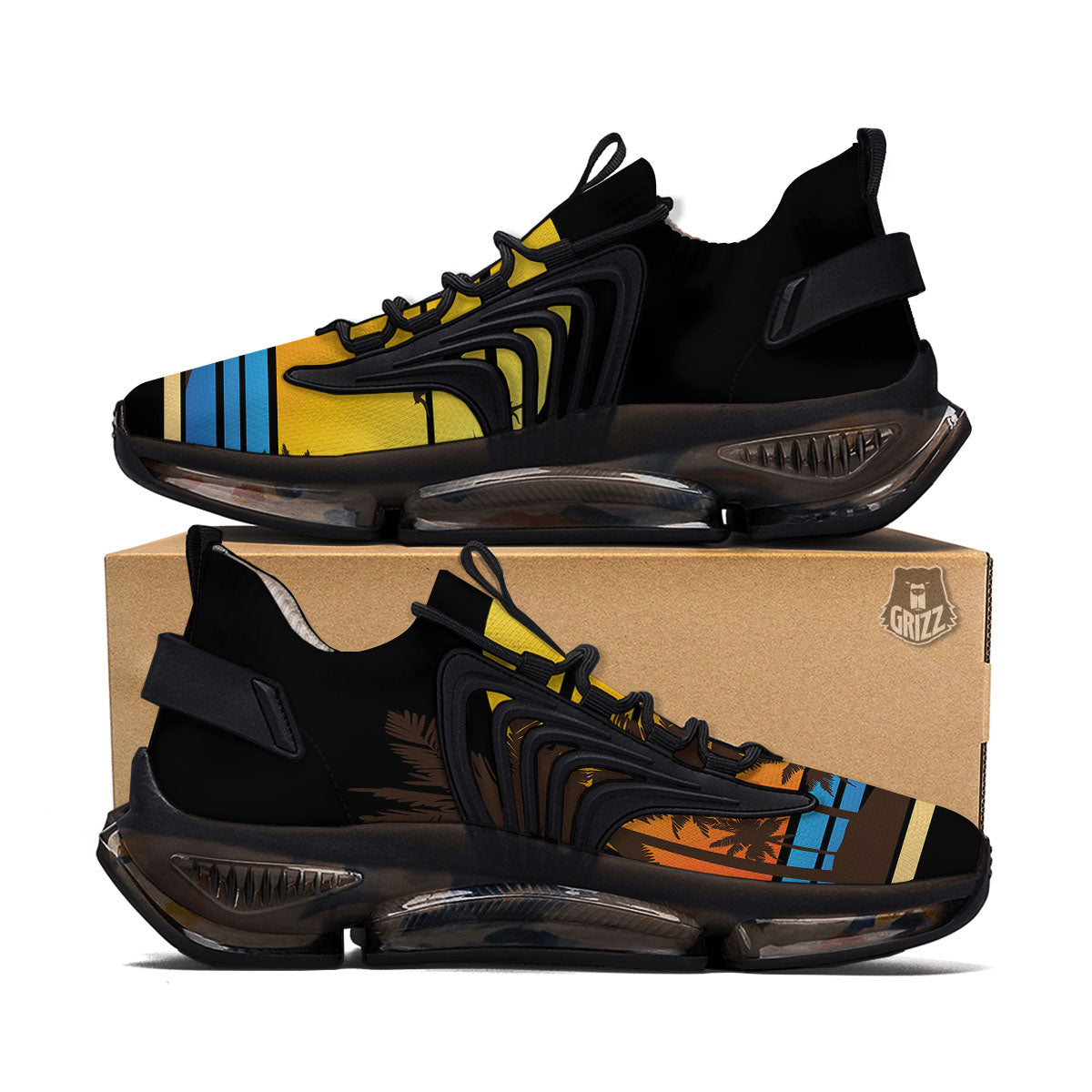 Beach Sunset Palm Tree Print Black Gym Shoes-grizzshop