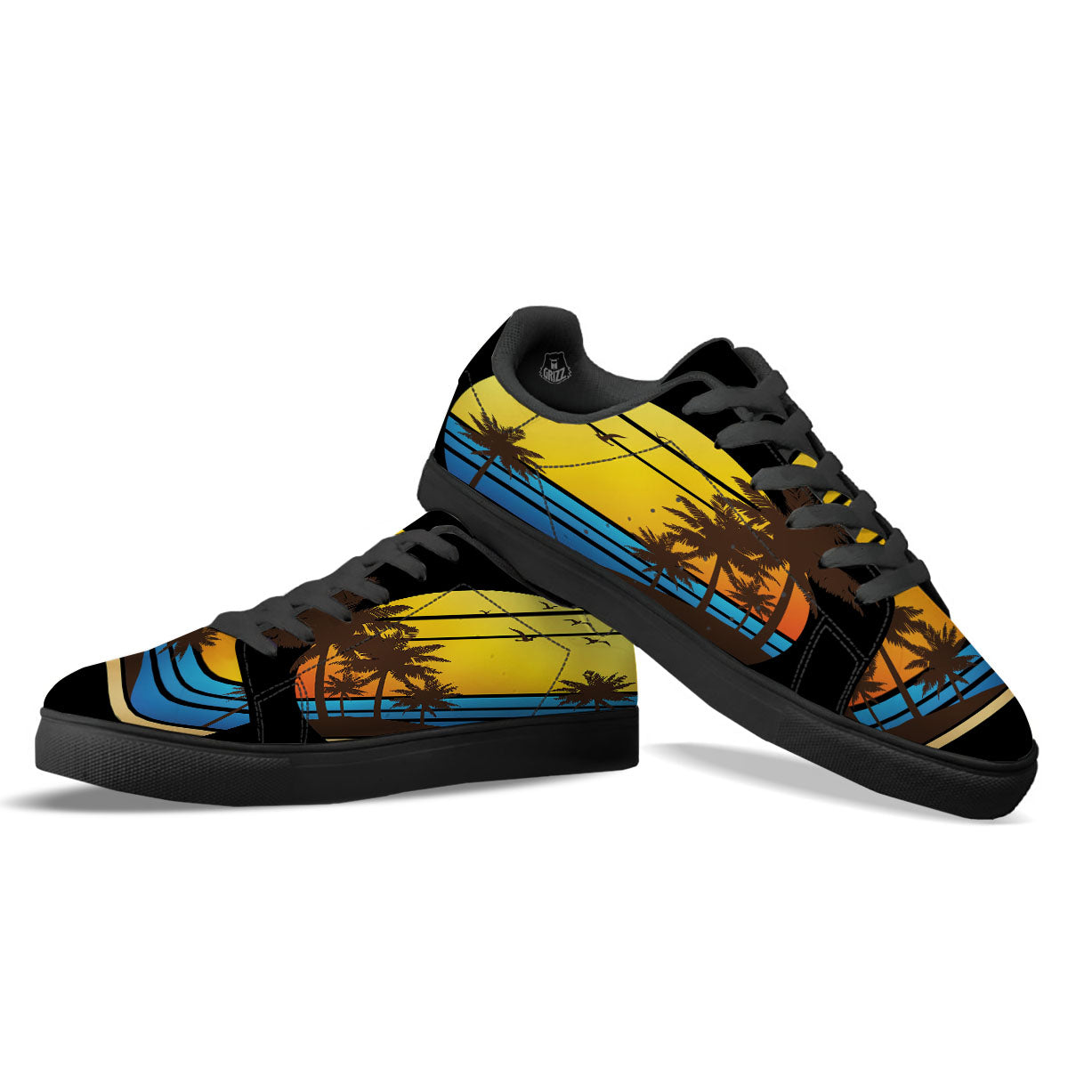Beach Sunset Palm Tree Print Black Low Top Sneakers-grizzshop
