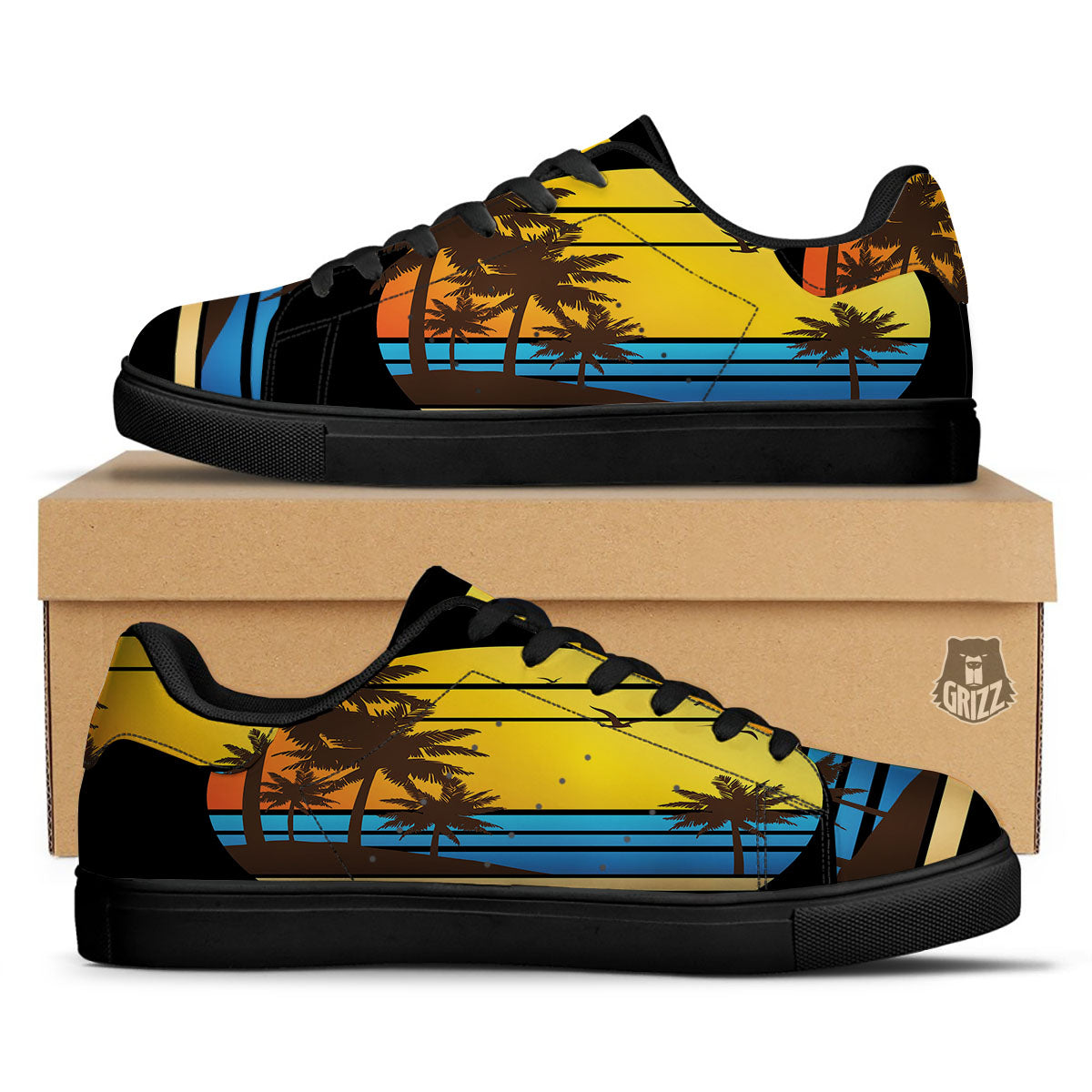 Beach Sunset Palm Tree Print Black Low Top Sneakers-grizzshop