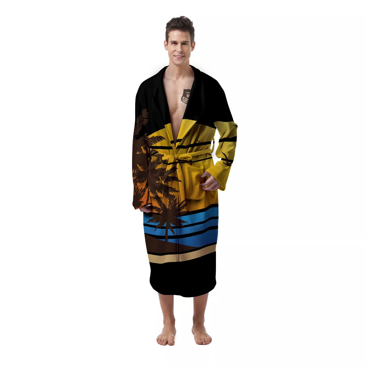 Beach Sunset Palm Tree Print Men's Robe-grizzshop