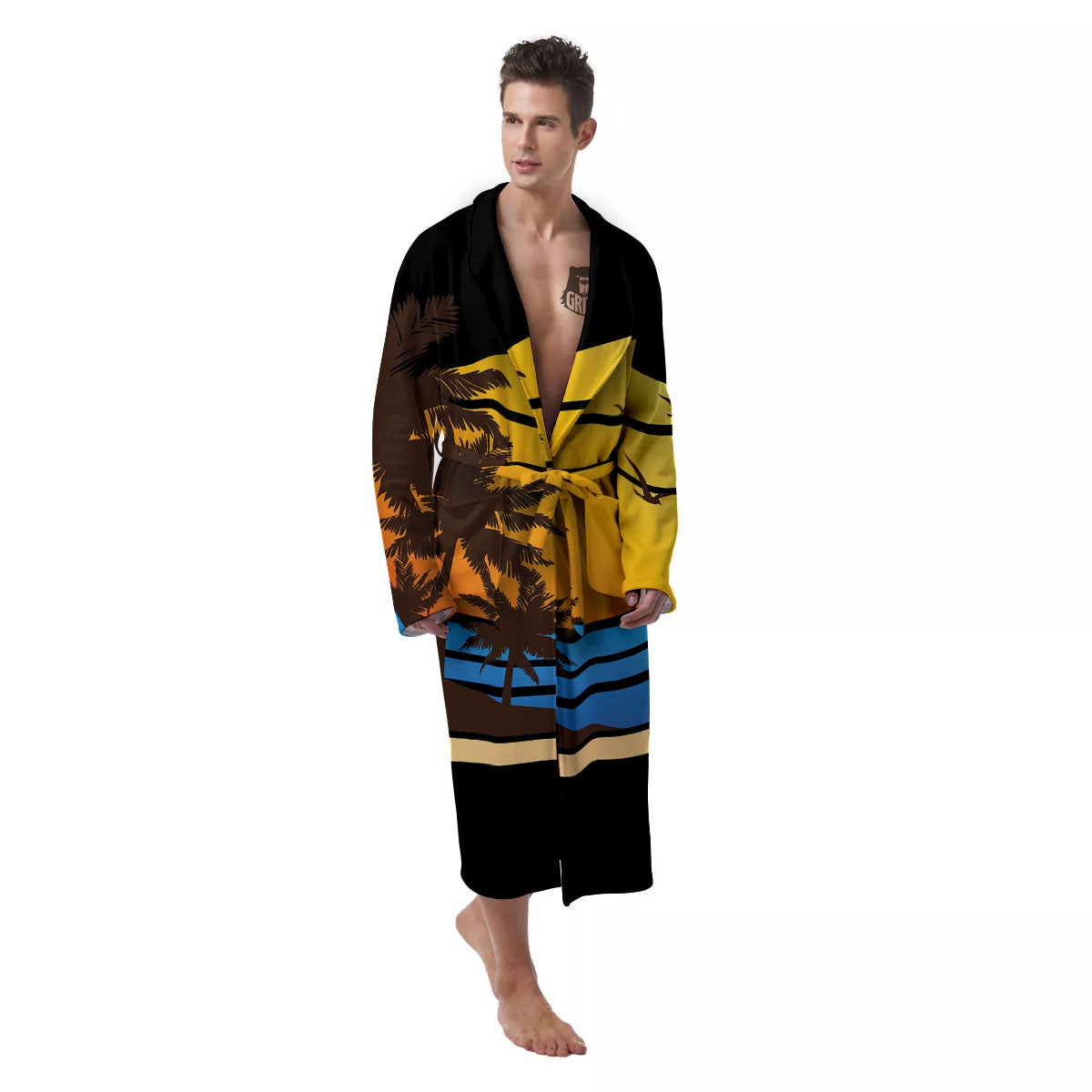 Beach Sunset Palm Tree Print Men's Robe-grizzshop