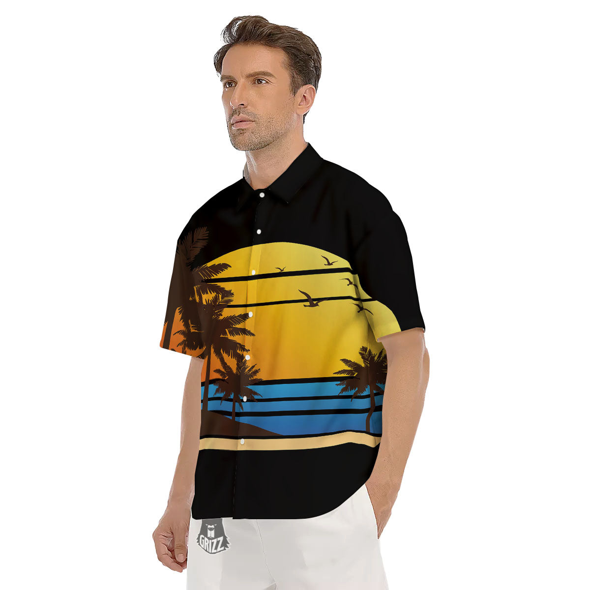 Beach Sunset Palm Tree Print Men's Short Sleeve Shirts-grizzshop