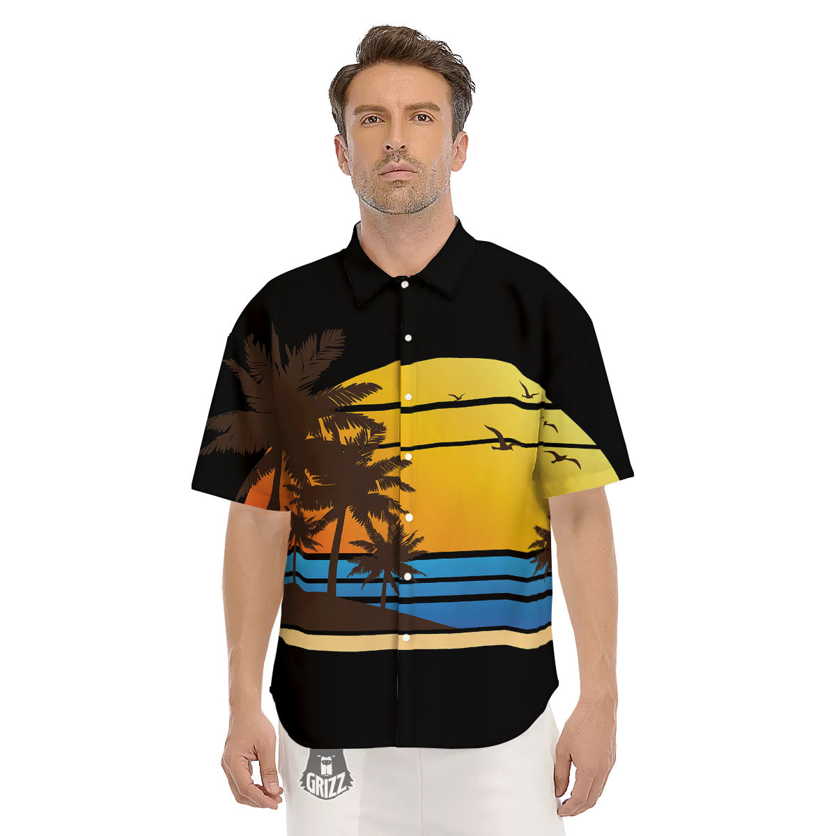 Beach Sunset Palm Tree Print Men's Short Sleeve Shirts-grizzshop