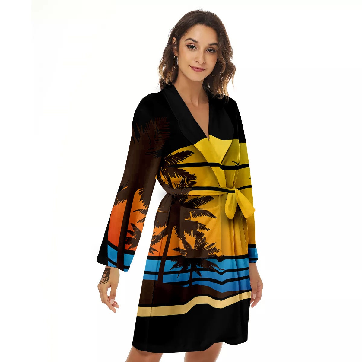 Beach Sunset Palm Tree Print Women's Robe-grizzshop