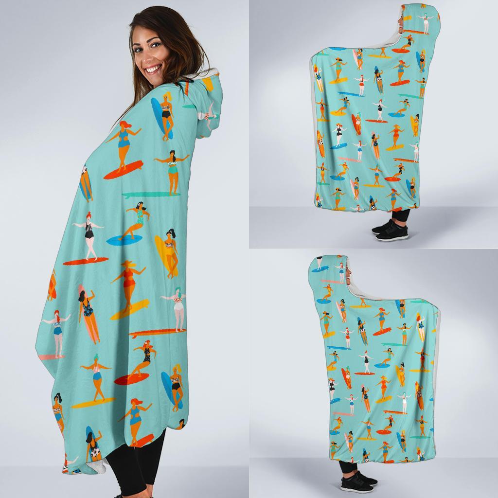 Beach Surfing Pattern Print Hooded Blanket-grizzshop