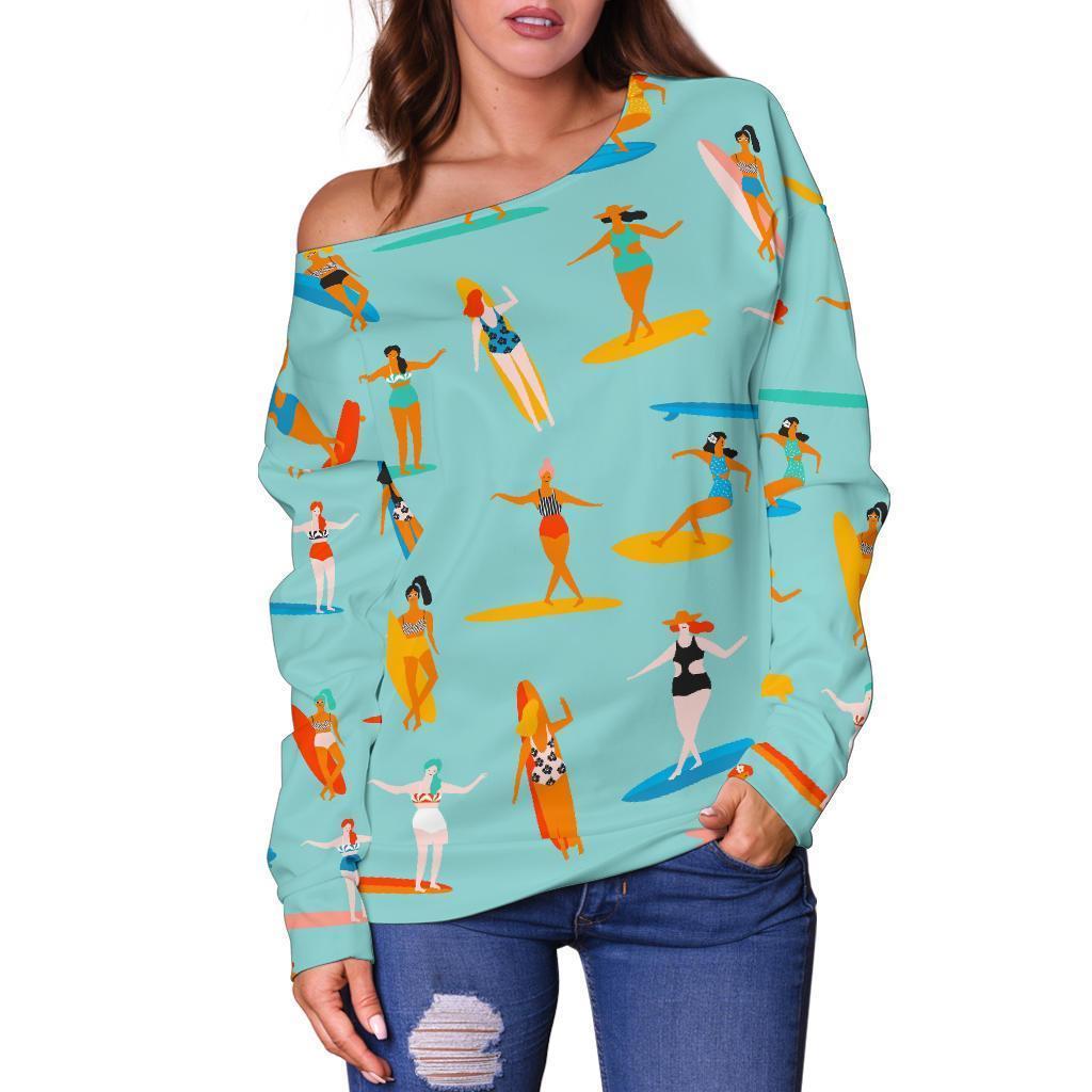 Beach Surfing Pattern Print Women Off Shoulder Sweatshirt-grizzshop