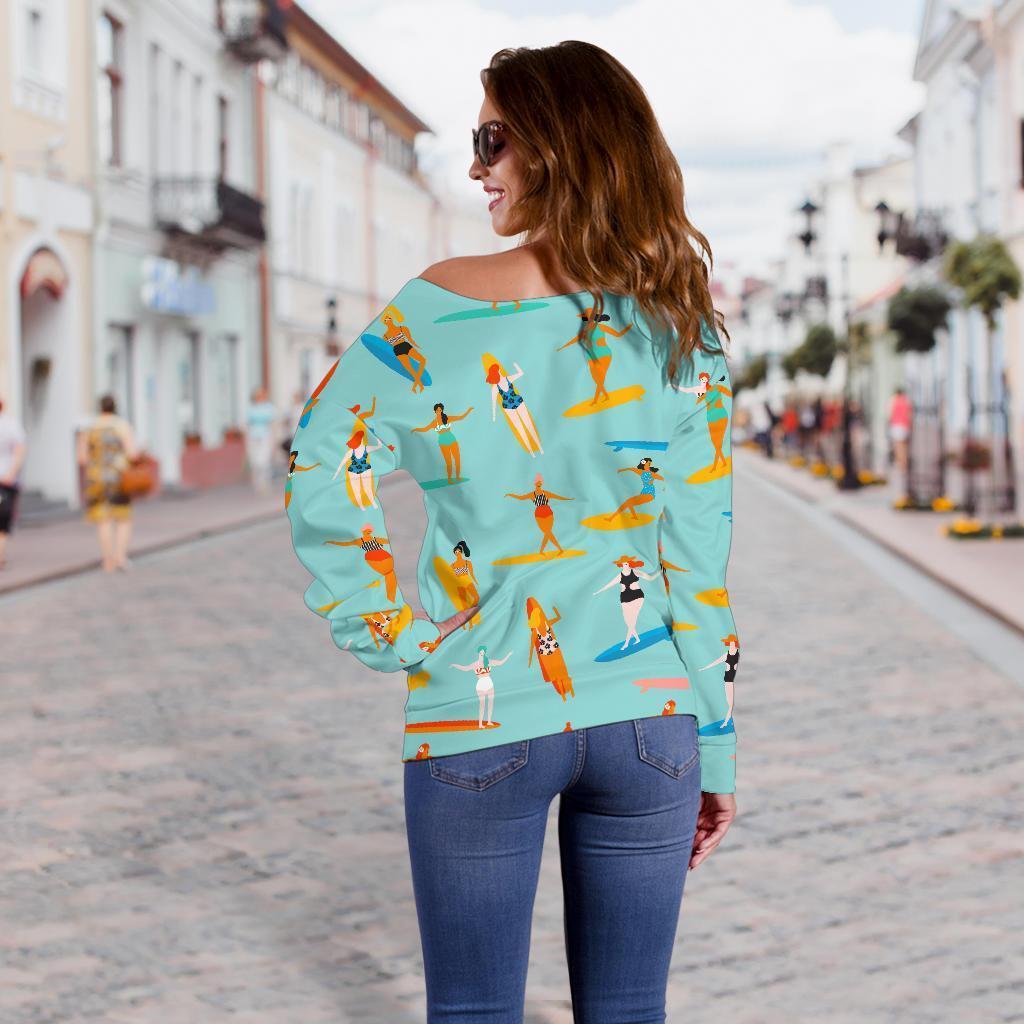 Beach Surfing Pattern Print Women Off Shoulder Sweatshirt-grizzshop