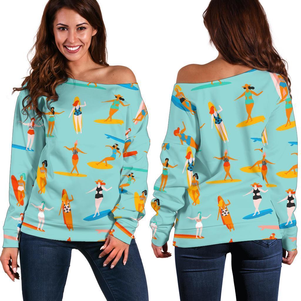 Beach Surfing Pattern Print Women Off Shoulder Sweatshirt-grizzshop