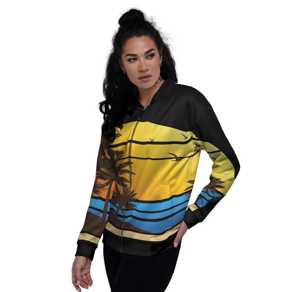 Beach Sunset Palm Tree Print Women's Bomber Jacket-grizzshop