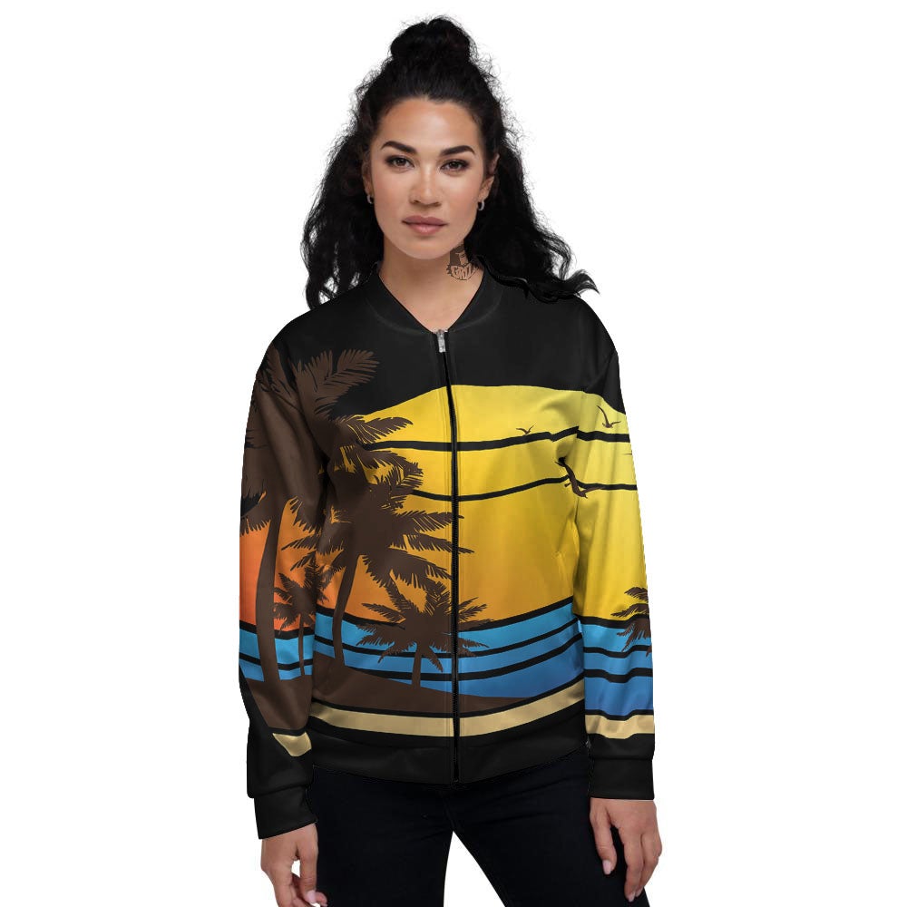 Beach Sunset Palm Tree Print Women's Bomber Jacket-grizzshop