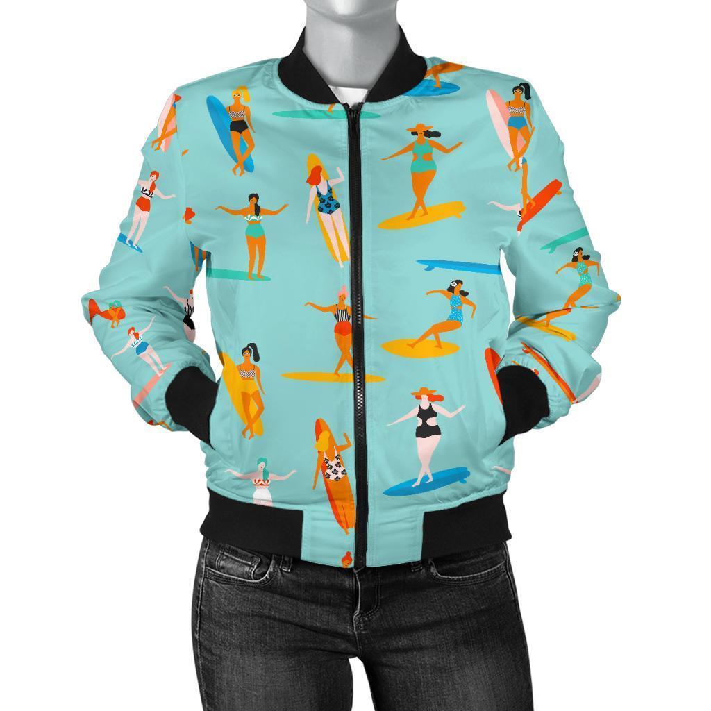 Beach Surfing Pattern Print Women Casual Bomber Jacket-grizzshop