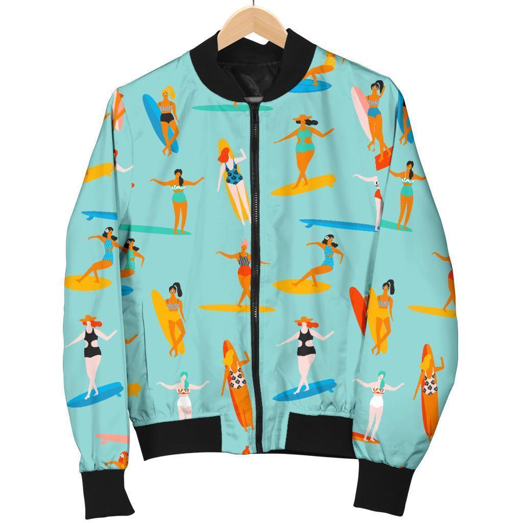 Beach Surfing Pattern Print Women Casual Bomber Jacket-grizzshop