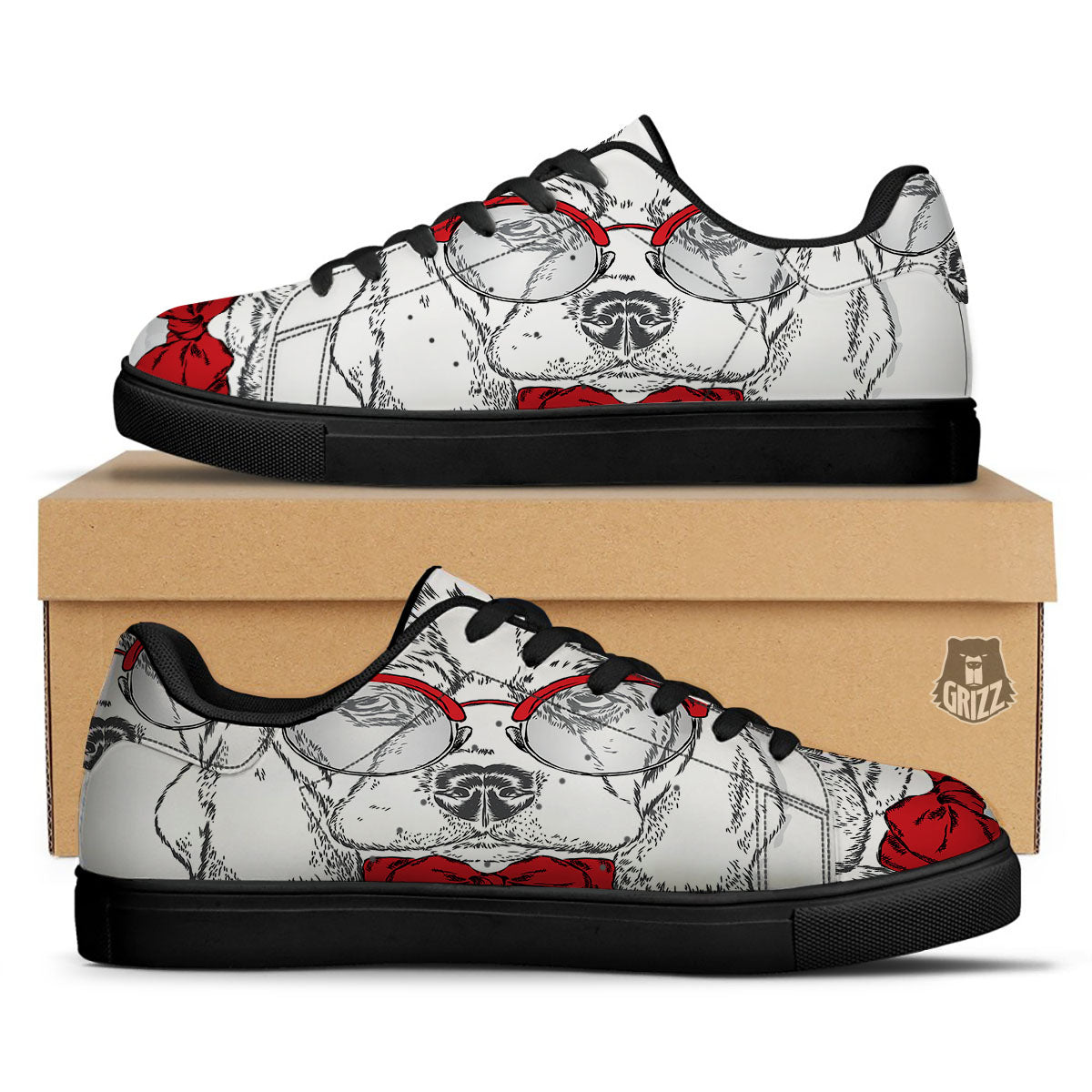 Beagle With Glasses Hipster Print Black Low Top Sneakers-grizzshop
