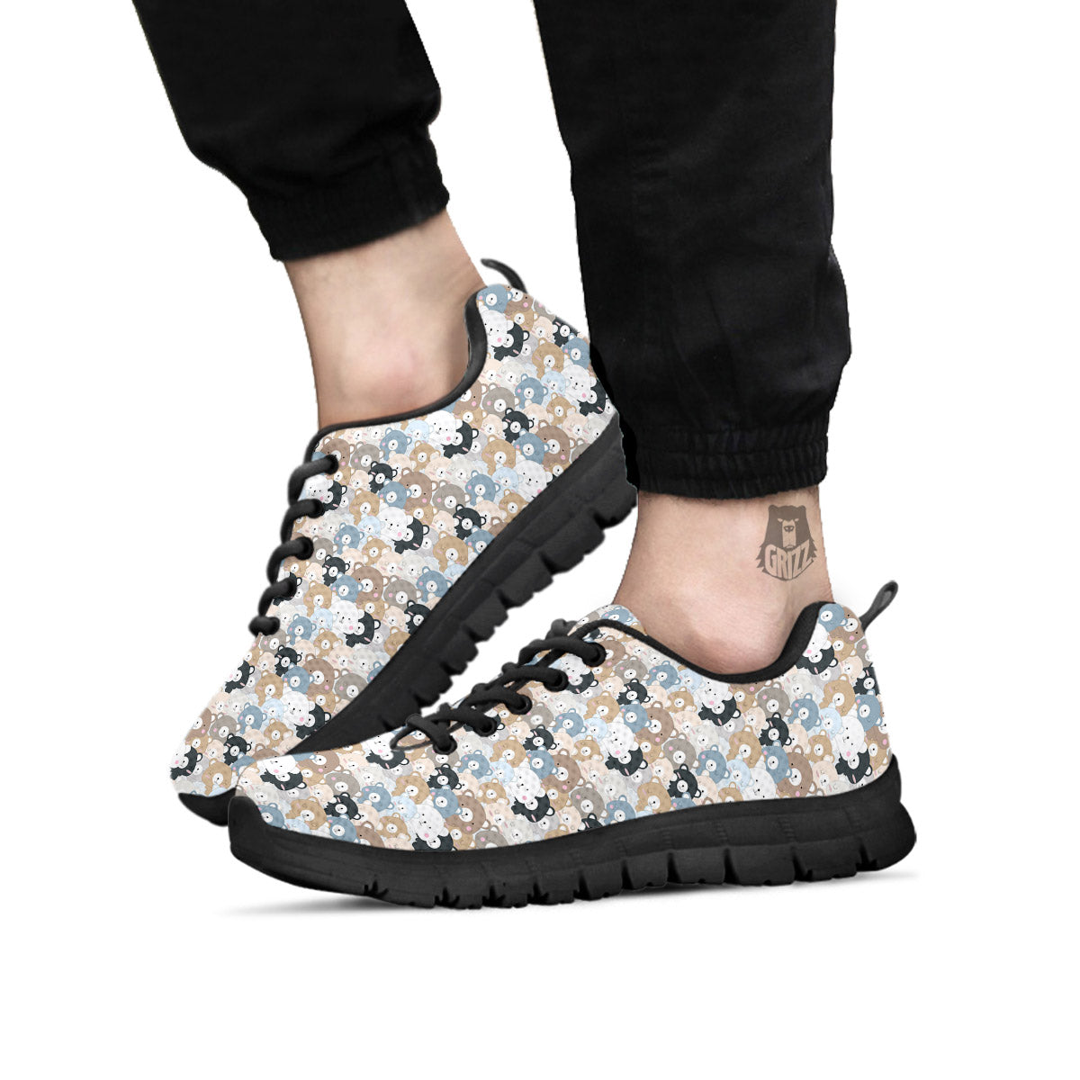 Bear Cute Print Pattern Black Sneaker-grizzshop