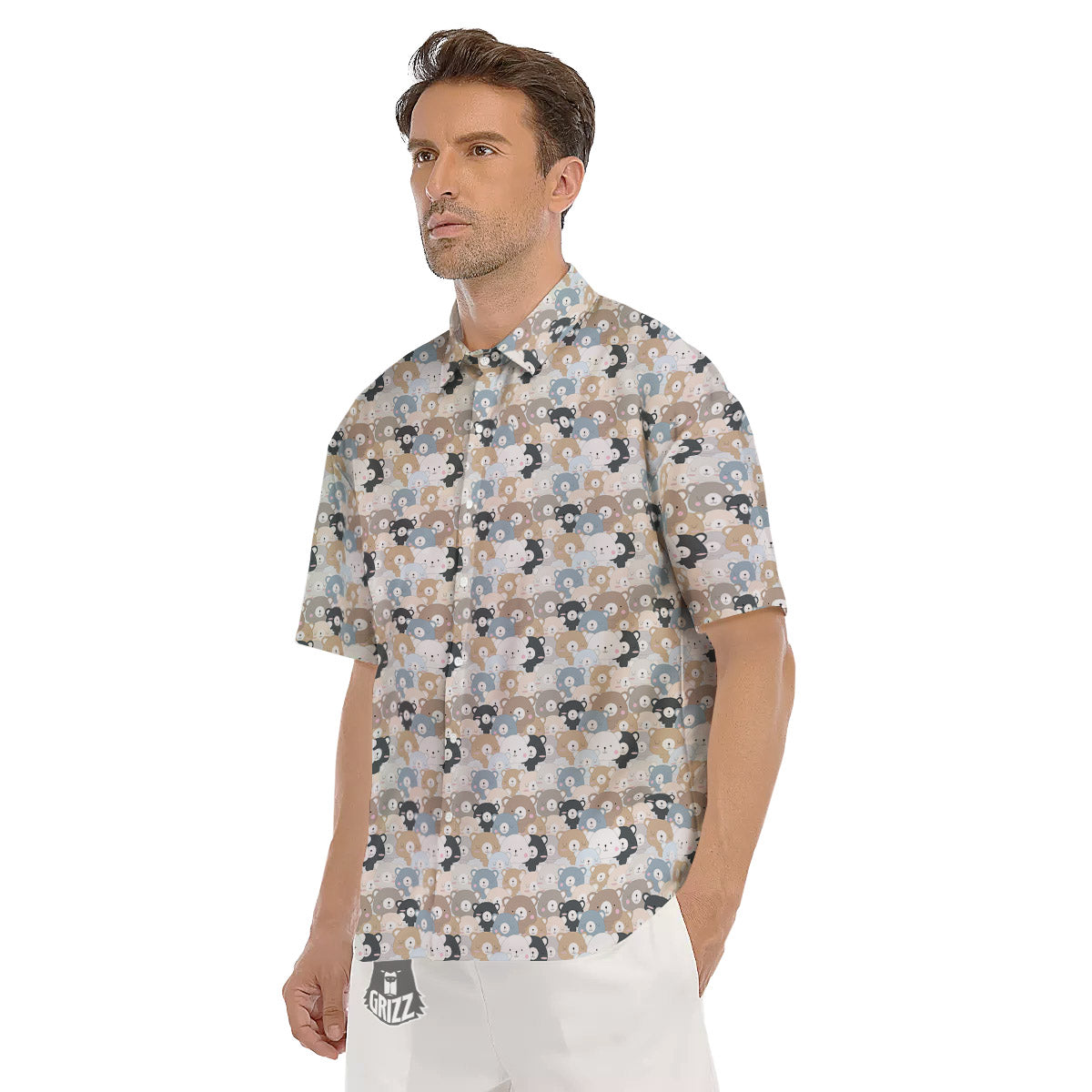 Bear Cute Print Pattern Men's Short Sleeve Shirts-grizzshop