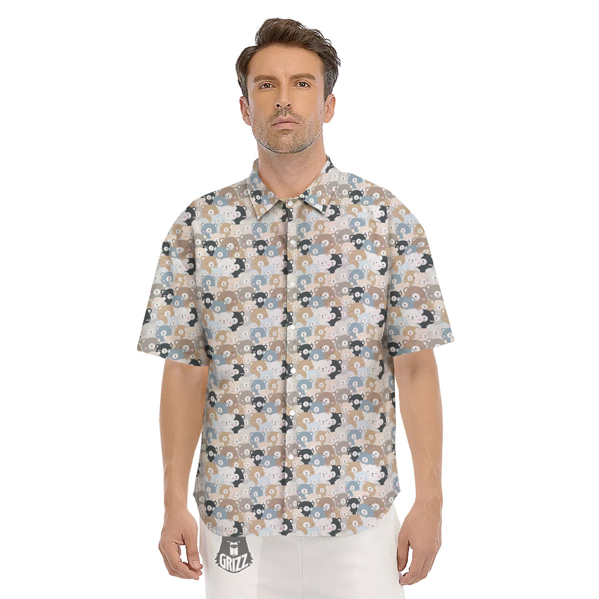 Bear Cute Print Pattern Men's Short Sleeve Shirts-grizzshop