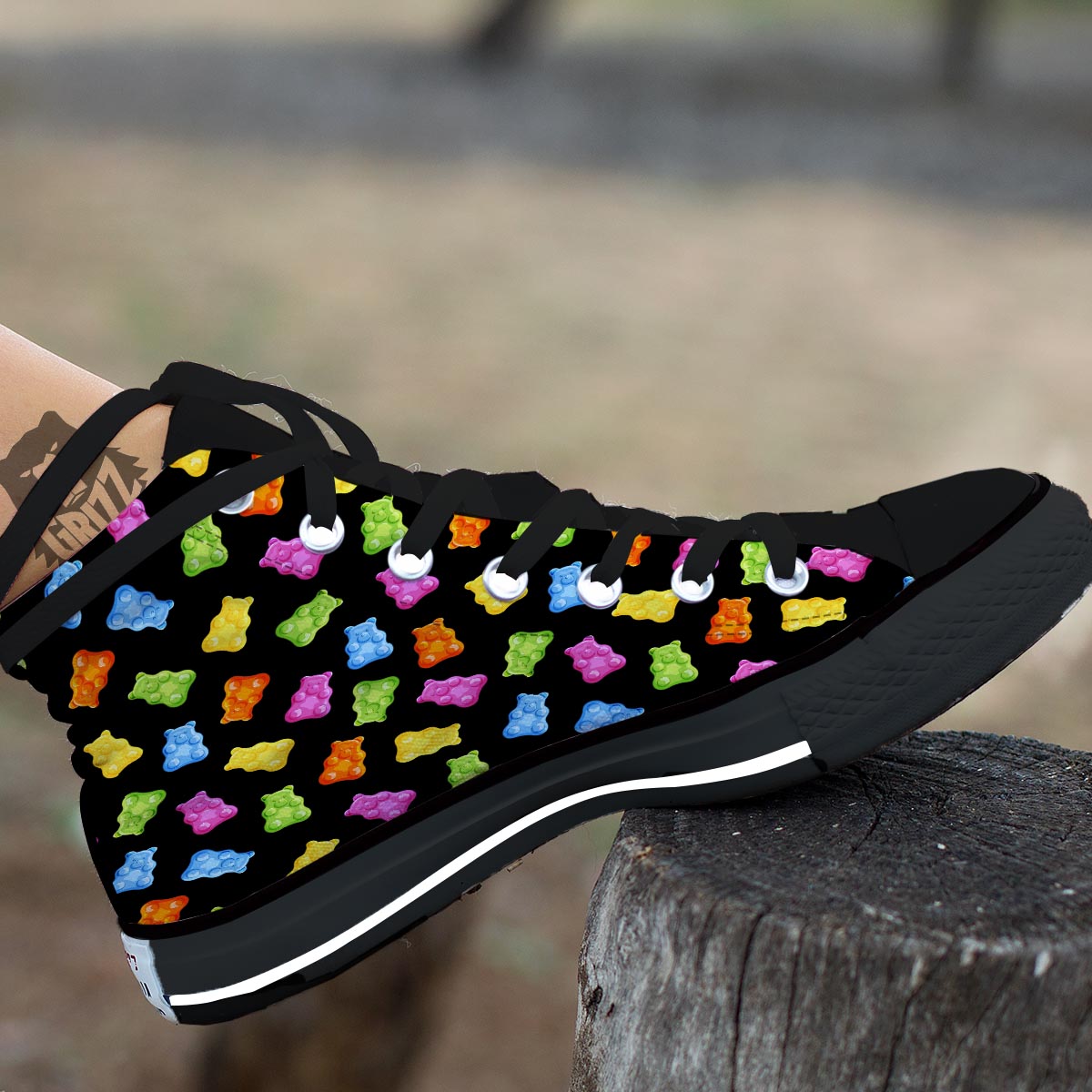 Bear Sweet Gummy Print Pattern Black High Top Shoes-grizzshop