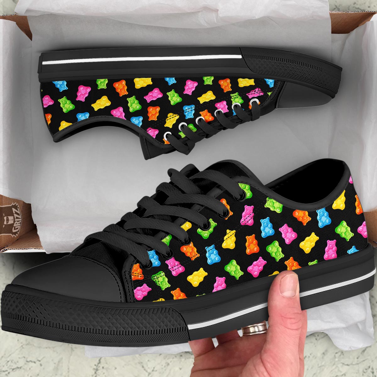 Bear Sweet Gummy Print Pattern Black Low Top Shoes-grizzshop
