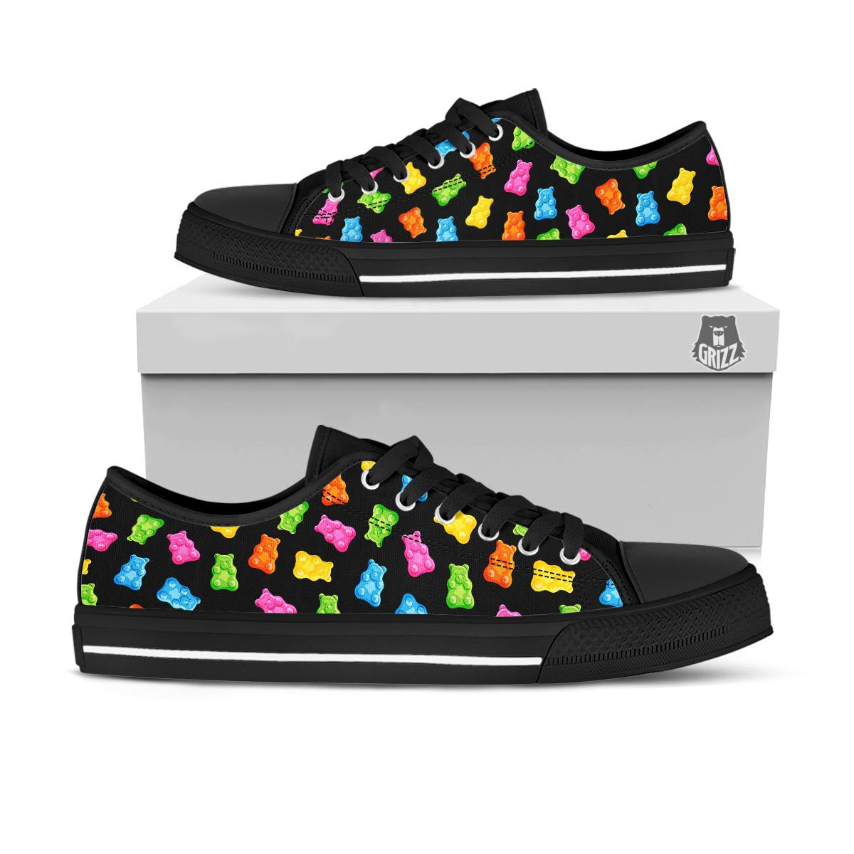 Bear Sweet Gummy Print Pattern Black Low Top Shoes-grizzshop