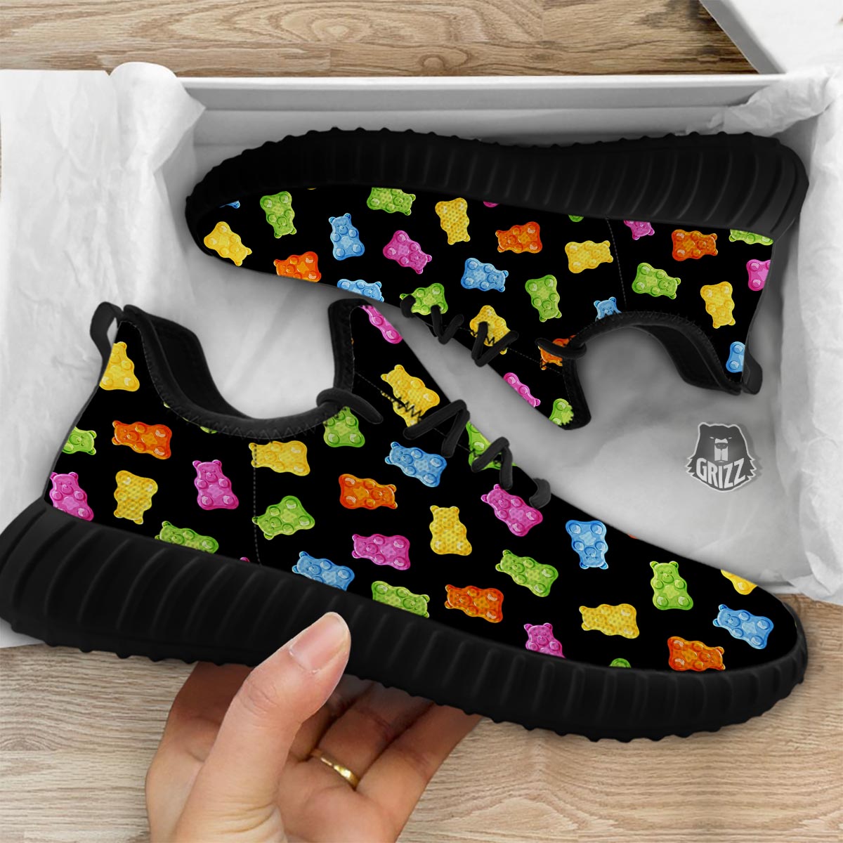 Bear Sweet Gummy Print Pattern Black Walking Shoes-grizzshop