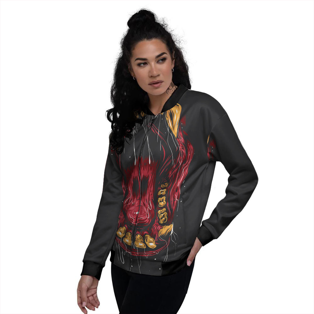 Beast Mouth Open Print Women's Bomber Jacket-grizzshop
