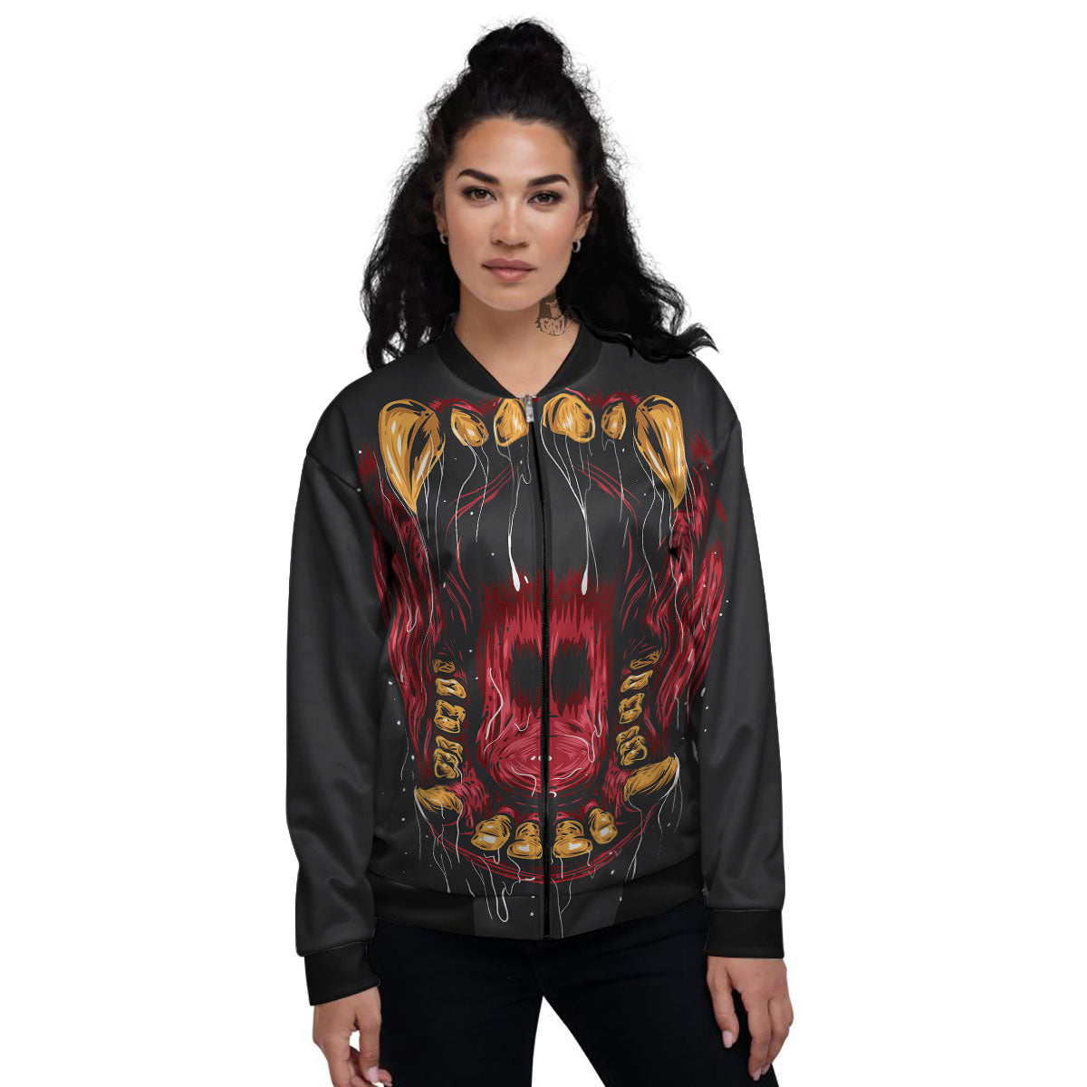 Beast Mouth Open Print Women's Bomber Jacket-grizzshop