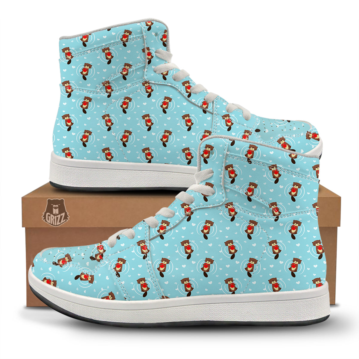 Beaver And Heart Print Pattern High Top Sneakers-grizzshop