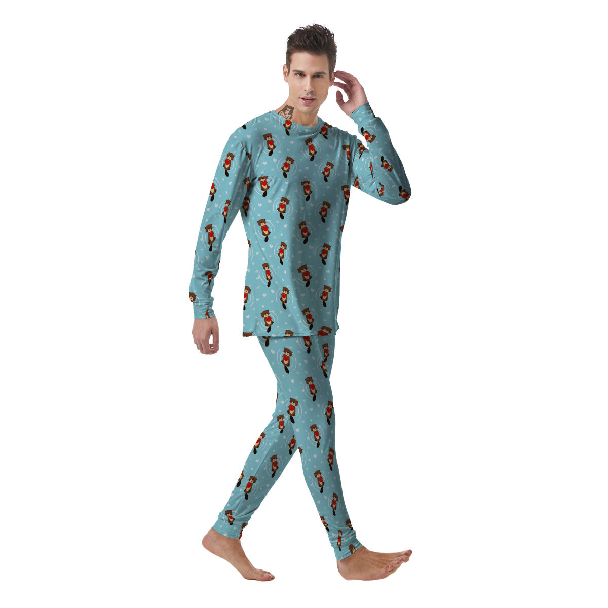 Beaver And Heart Print Pattern Men's Pajamas-grizzshop