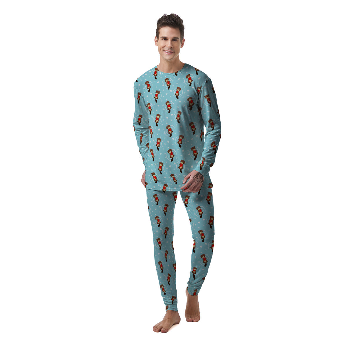 Beaver And Heart Print Pattern Men's Pajamas-grizzshop