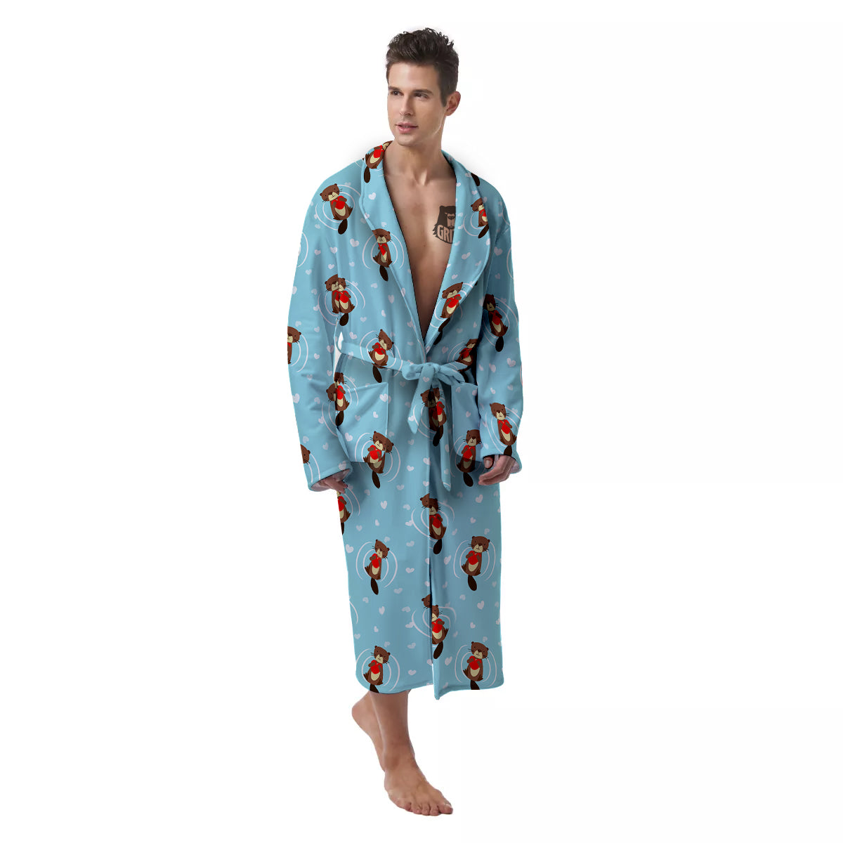 Beaver And Heart Print Pattern Men's Robe-grizzshop
