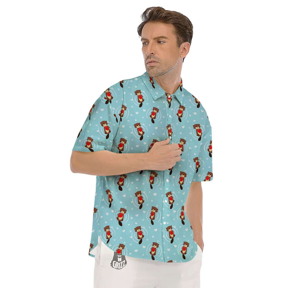 Beaver And Heart Print Pattern Men's Short Sleeve Shirts-grizzshop