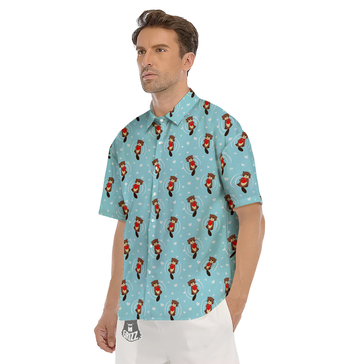 Beaver And Heart Print Pattern Men's Short Sleeve Shirts-grizzshop