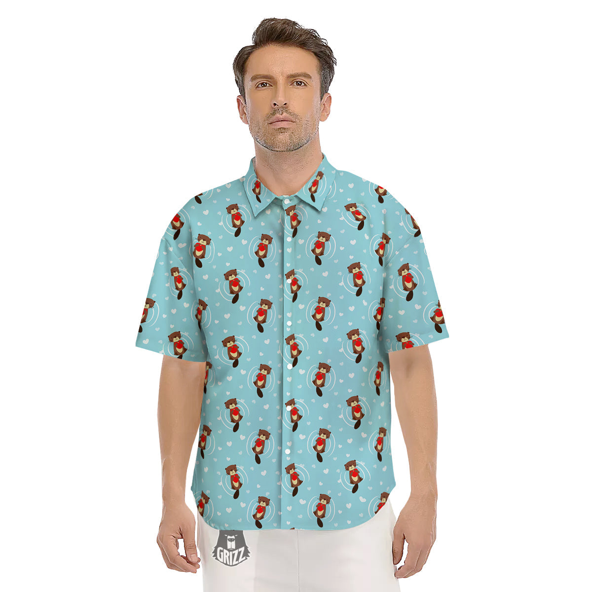 Beaver And Heart Print Pattern Men's Short Sleeve Shirts-grizzshop