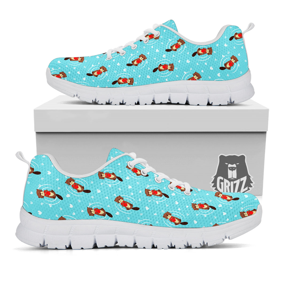 Beaver And Heart Print Pattern White Sneaker-grizzshop
