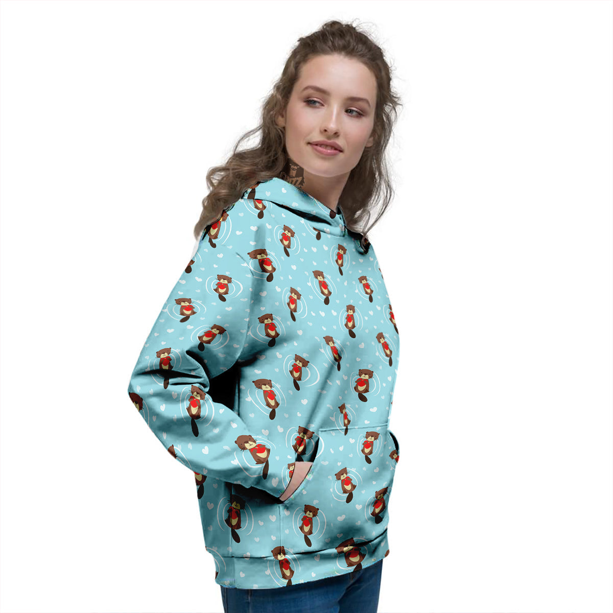 Beaver And Heart Print Pattern Women's Hoodie-grizzshop