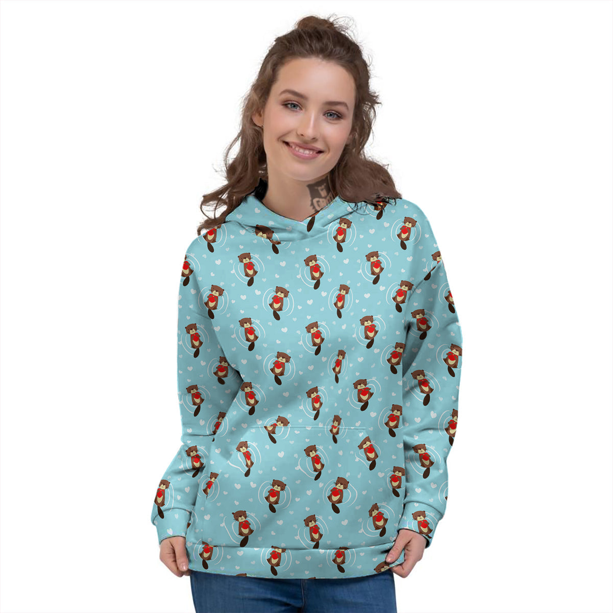 Beaver And Heart Print Pattern Women's Hoodie-grizzshop