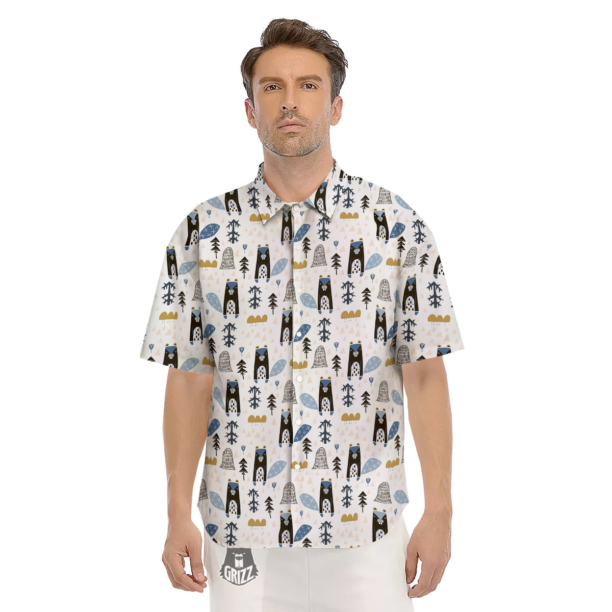 Beaver Cartoon Print Pattern Men's Short Sleeve Shirts-grizzshop