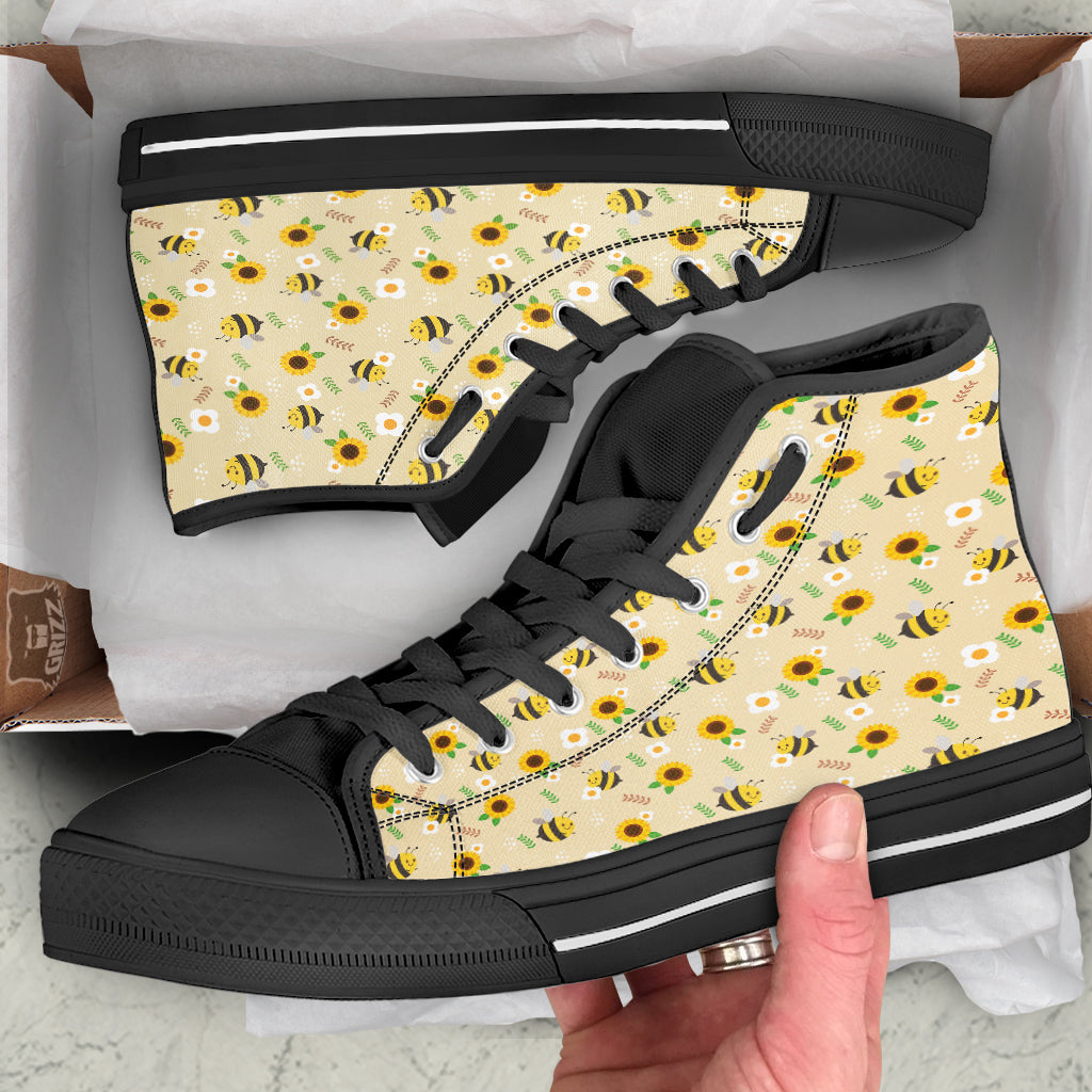Bee Cute Cartoon Print Pattern Black High Top Shoes-grizzshop