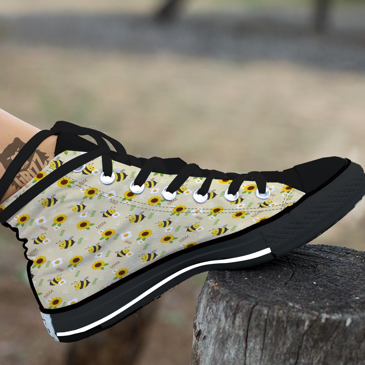 Bee Cute Cartoon Print Pattern Black High Top Shoes-grizzshop