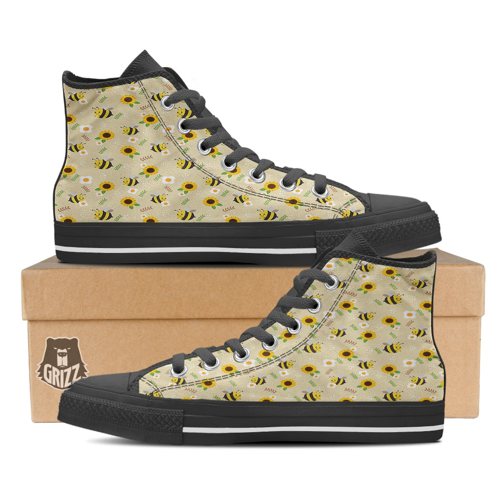 Bee Cute Cartoon Print Pattern Black High Top Shoes-grizzshop