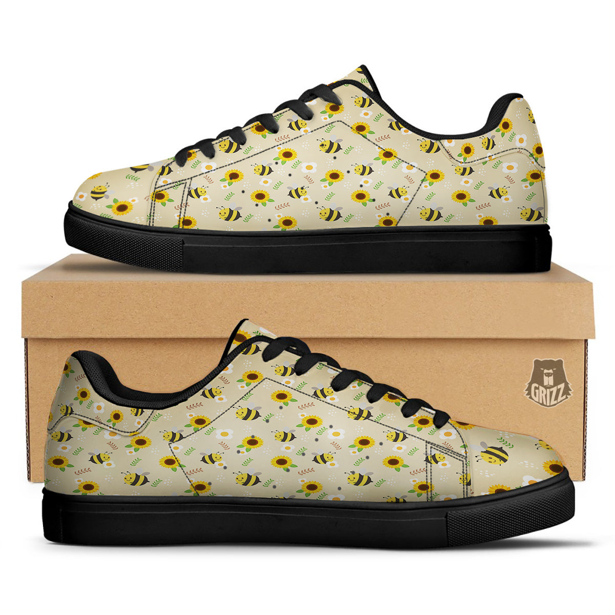 Bee Cute Cartoon Print Pattern Black Low Top Sneakers-grizzshop