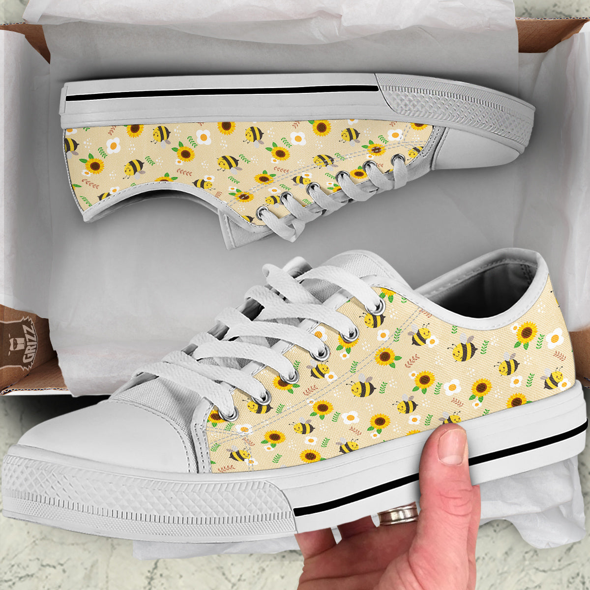 Bee Cute Cartoon Print Pattern White Low Top Shoes-grizzshop