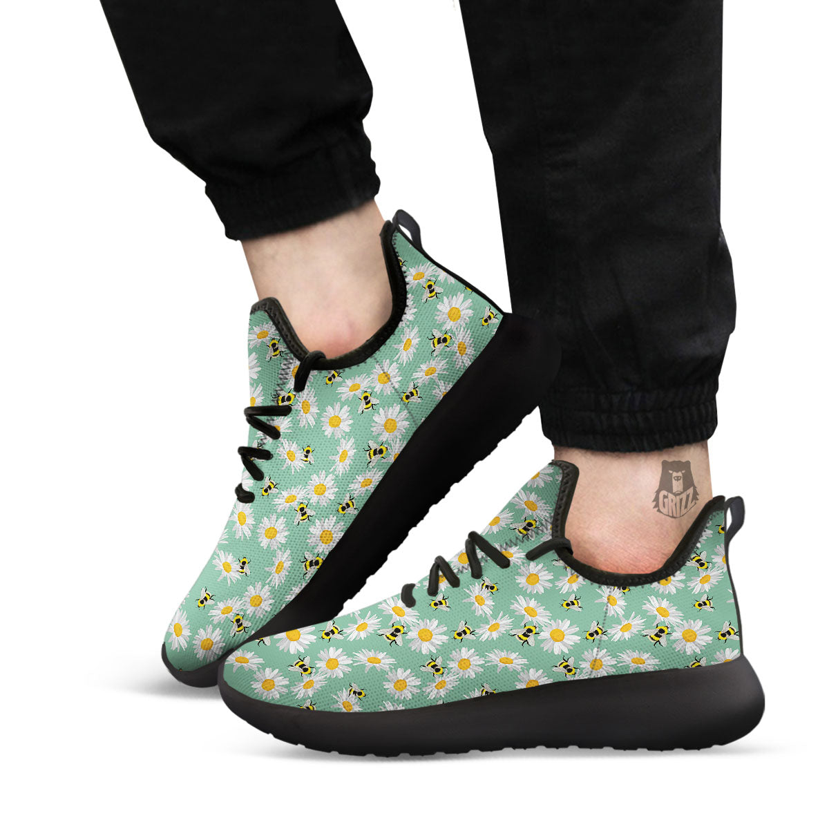 Bee Flower Print Pattern Black Athletic Shoes-grizzshop