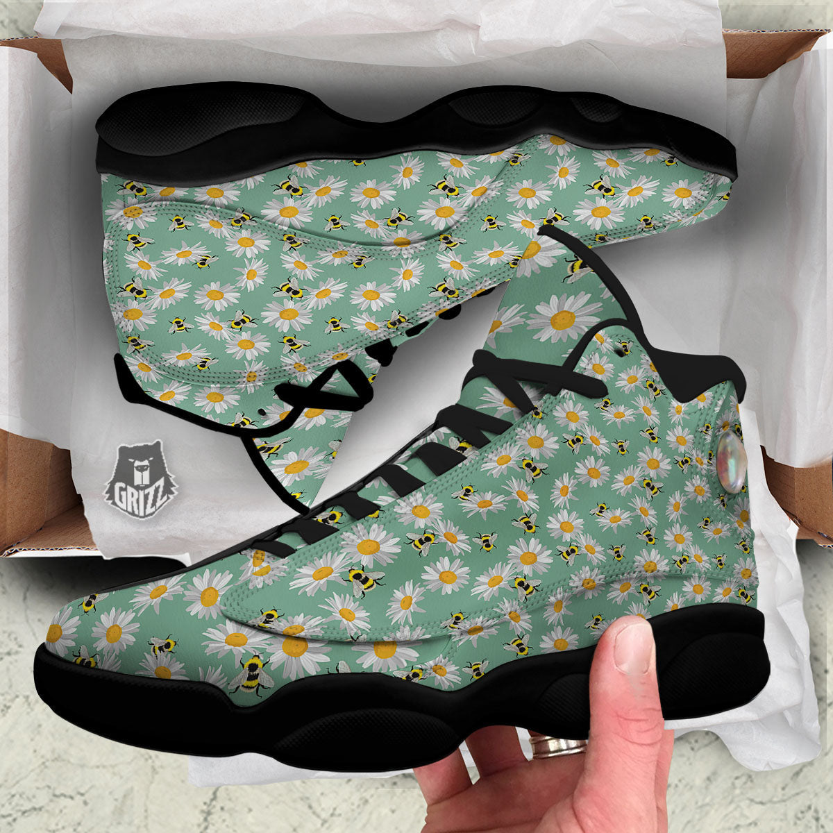 Bee Flower Print Pattern Black Basketball Shoes-grizzshop