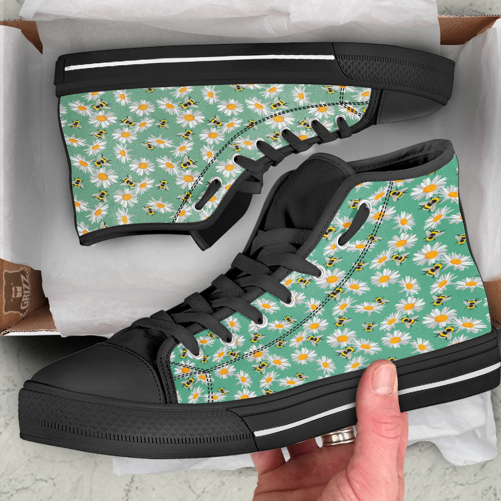 Bee Flower Print Pattern Black High Top Shoes-grizzshop