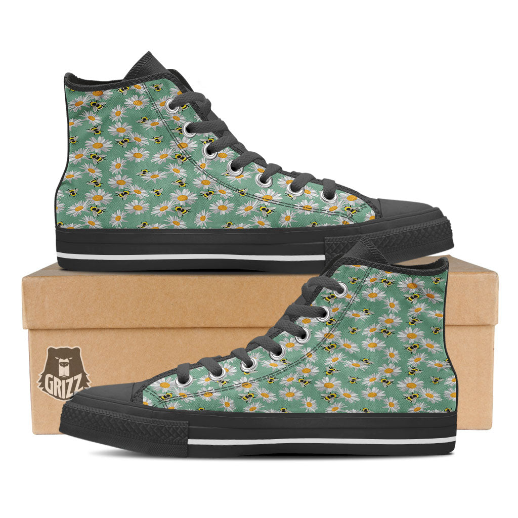 Bee Flower Print Pattern Black High Top Shoes-grizzshop